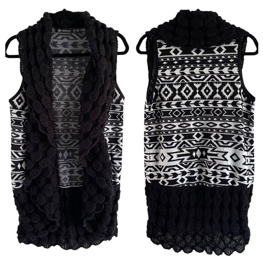 Versona Western Aztec Black White Cardigan S Sleeveless Longline Scalloped Knit